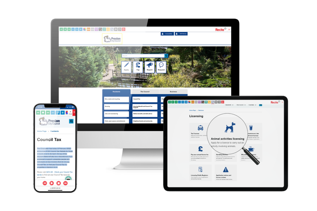 Desktop, mobile and tablet with Preston City Council website using the Recite Me assistive toolbar