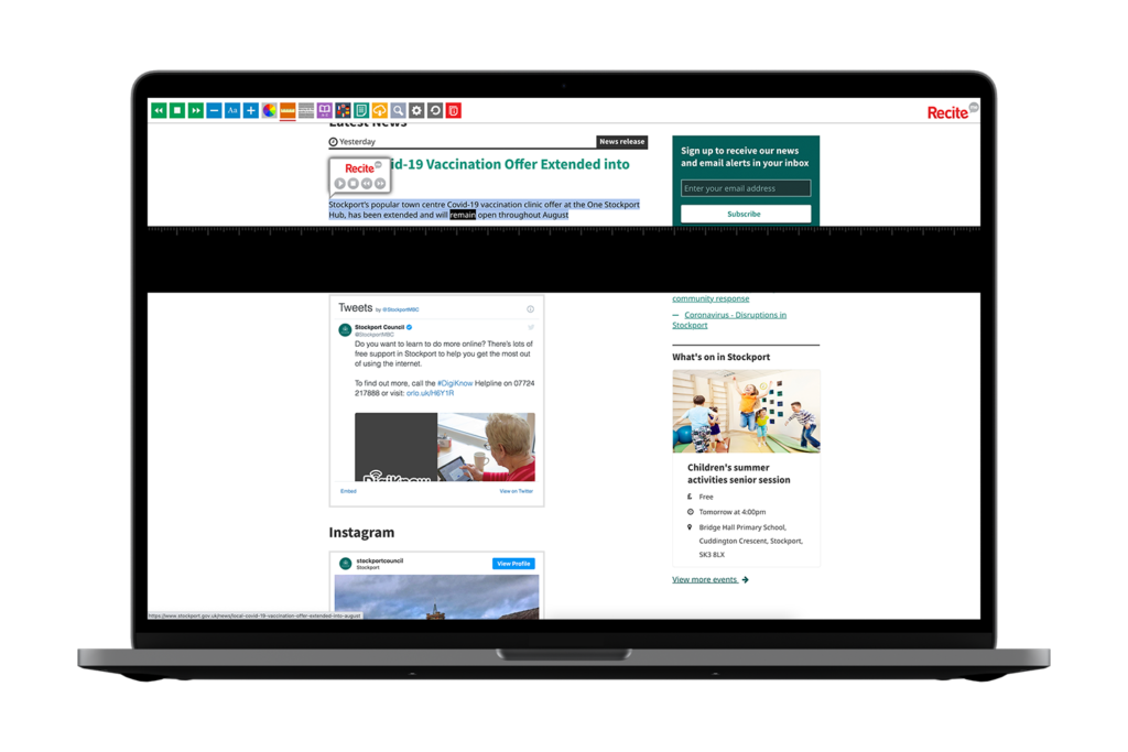 Laptop with Stockport Metropolitan Borough Council website using the Recite Me assistive toolbar