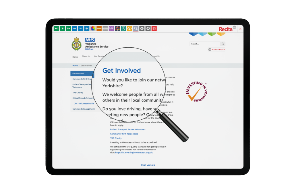 Tablet with Yorkshire Ambulance Service website using the Recite Me assistive toolbar