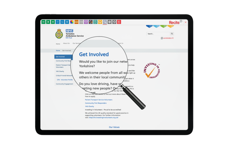 Tablet with Yorkshire Ambulance Service website using the Recite Me assistive toolbar