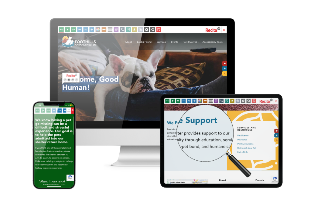 Desktop, tablet and mobile phone with screenshot of https://foothillsanimalshelter.org/ website