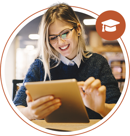 Image of a woman with glasses looking at a tablet