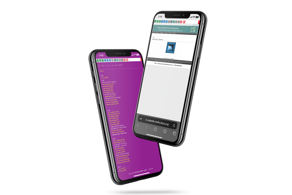 2 mobile phones with screenshot of Ulster County Library Association website using the Recite Me toolbar.
