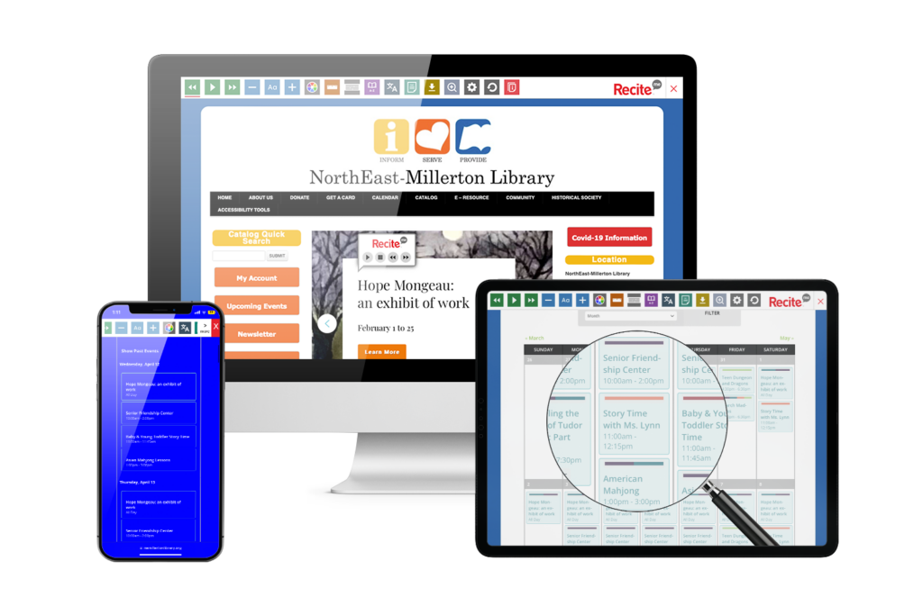 Laptop, tablet and mobile phone with screenshot of https://nemillertonlibrary.org/ website using Recite Me toolbar