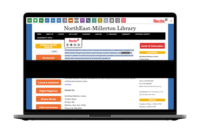 Laptop with screenshot of https://nemillertonlibrary.org/ website using the Recite Me toolbar.