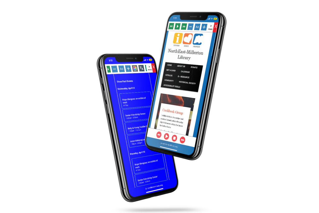 Mobile phones with screenshot of https://nemillertonlibrary.org/ website using the Recite Me toolbar.