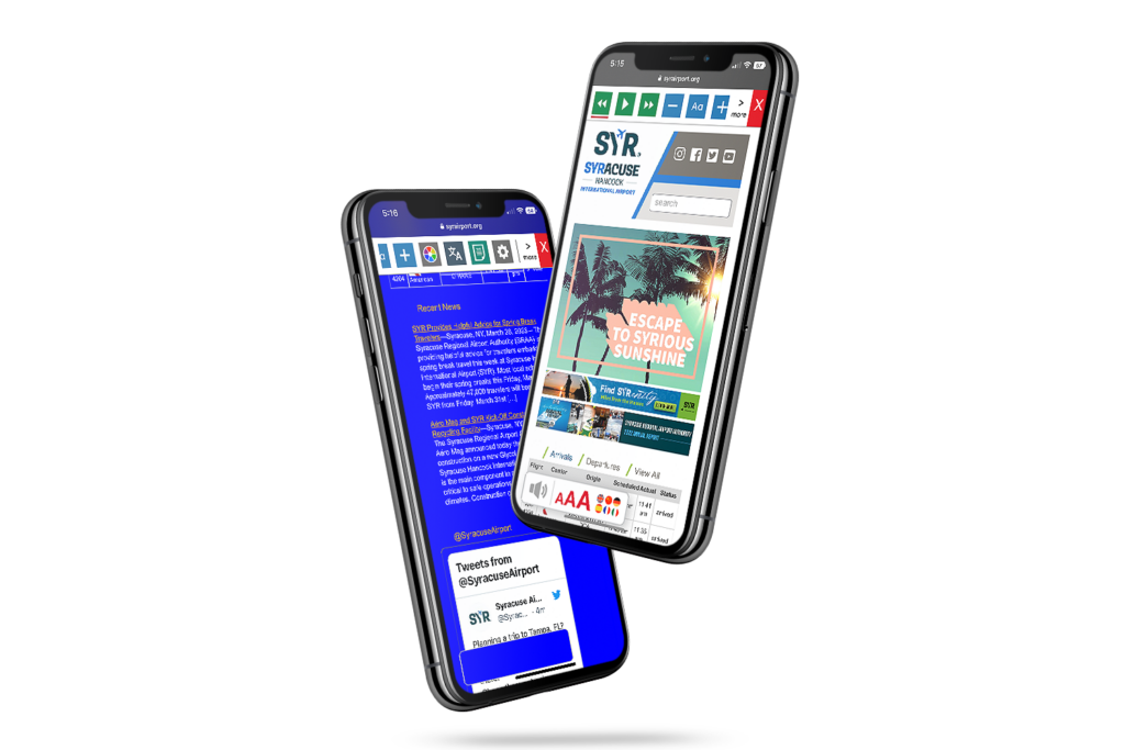 Mobile with a screenshot of the syrairport.org website using the Recite Me toolbar.