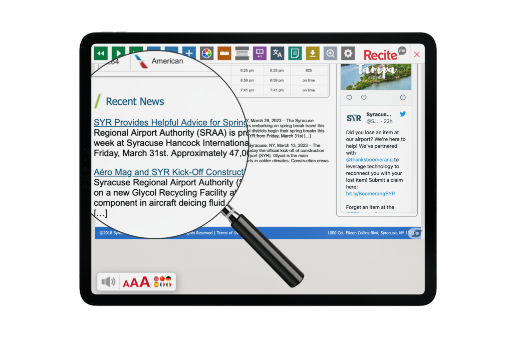 Tablet with a screenshot of the syrairport.org website using the Recite Me toolbar.