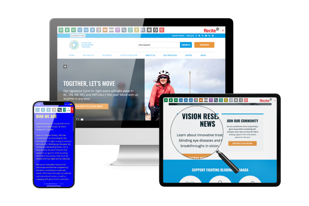 Laptop, mobile, tablet with screenshot of https://www.fightingblindness.ca/ website using the Recite Me toolbar