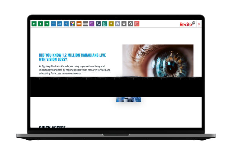 Laptop with screenshot of https://www.fightingblindness.ca/ website using the Recite Me toolbar