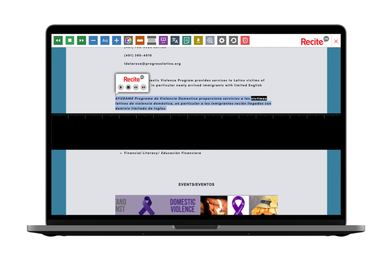 A laptop computer with progresolatino.org on the screen with the Recite Me toolbar launched