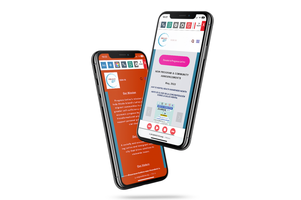 Mobile with a screenshot of the Progreso Latino website using the Recite Me toolbar.