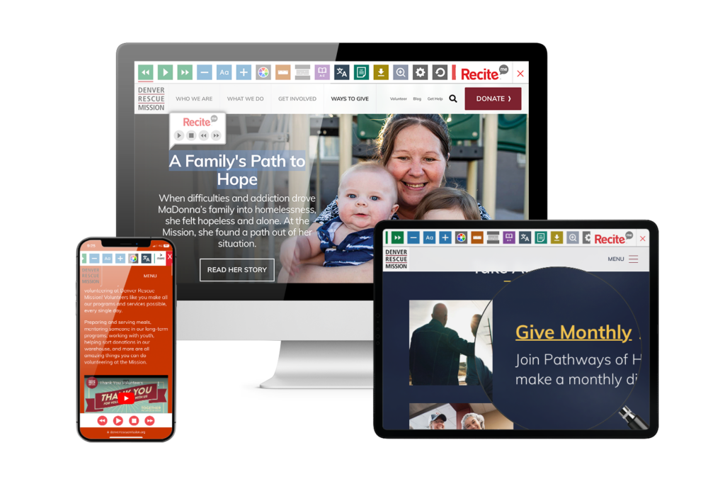 Desktop, mobile and tablet with screenshot of Denver Rescue Mission's website