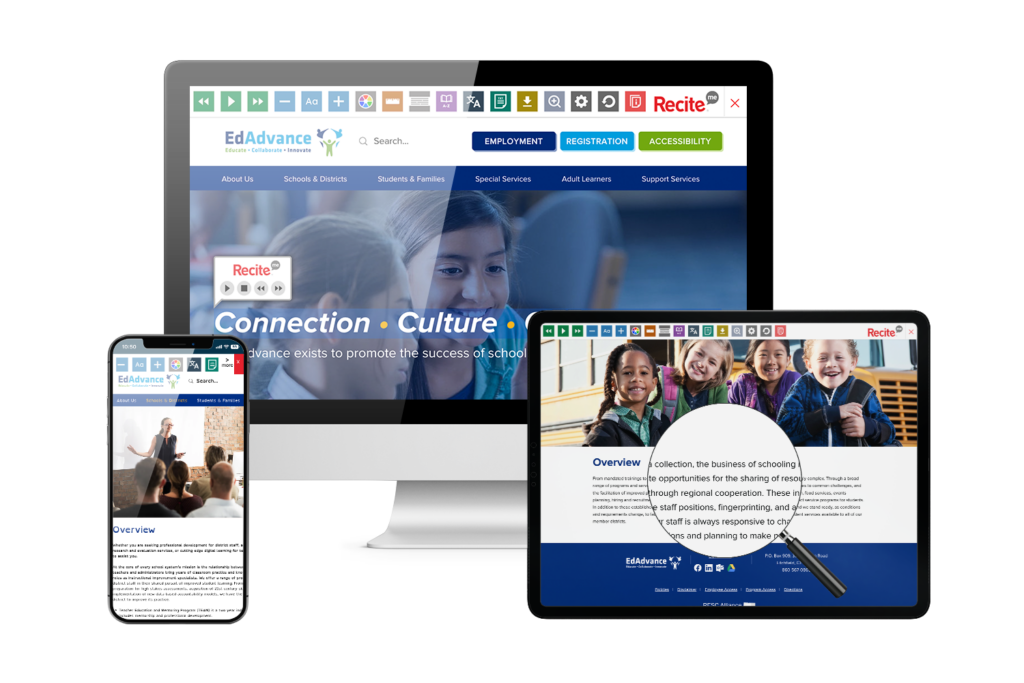 Laptop, tablet and mobile phone with screenshot of EdAdvance website