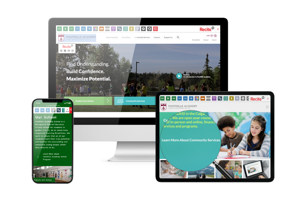 Laptop, tablet and mobile phone with screenshot of Foothills Academy website