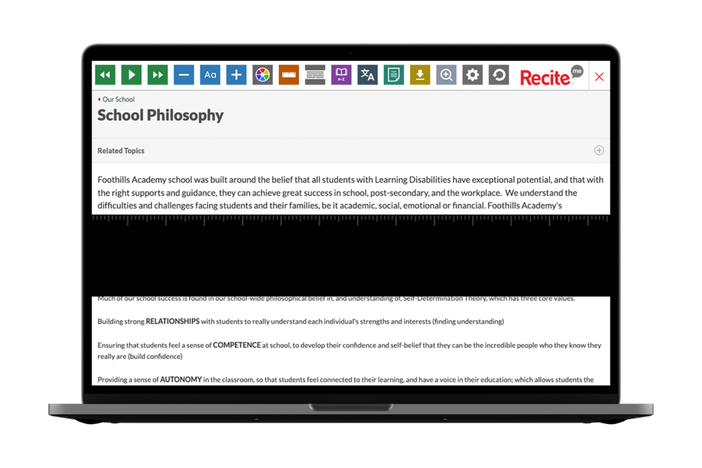 Laptop with screenshot of Foothills Academy website using the Recite Me toolbar