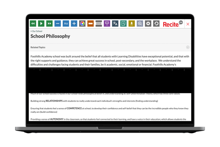 Laptop with screenshot of Foothills Academy website using the Recite Me toolbar