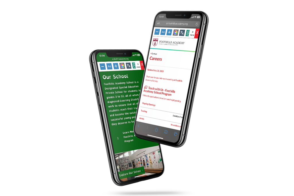 Mobile phones with screenshot of Foothills Academy website using Recite Me toolbar