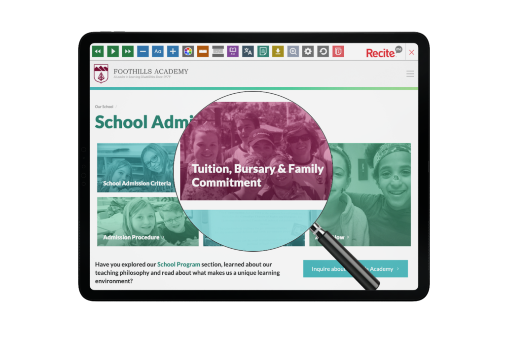 Tablet with screenshot of Foothills Academy website using Recite Me toolbar