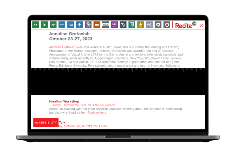 Laptop with screenshot of Plains Art Museum website using the Recite Me toolbar