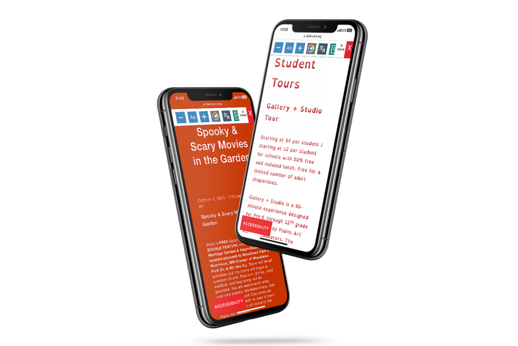 Mobile phones with screenshot of Plains Art Museum website using the Recite Me toolbar