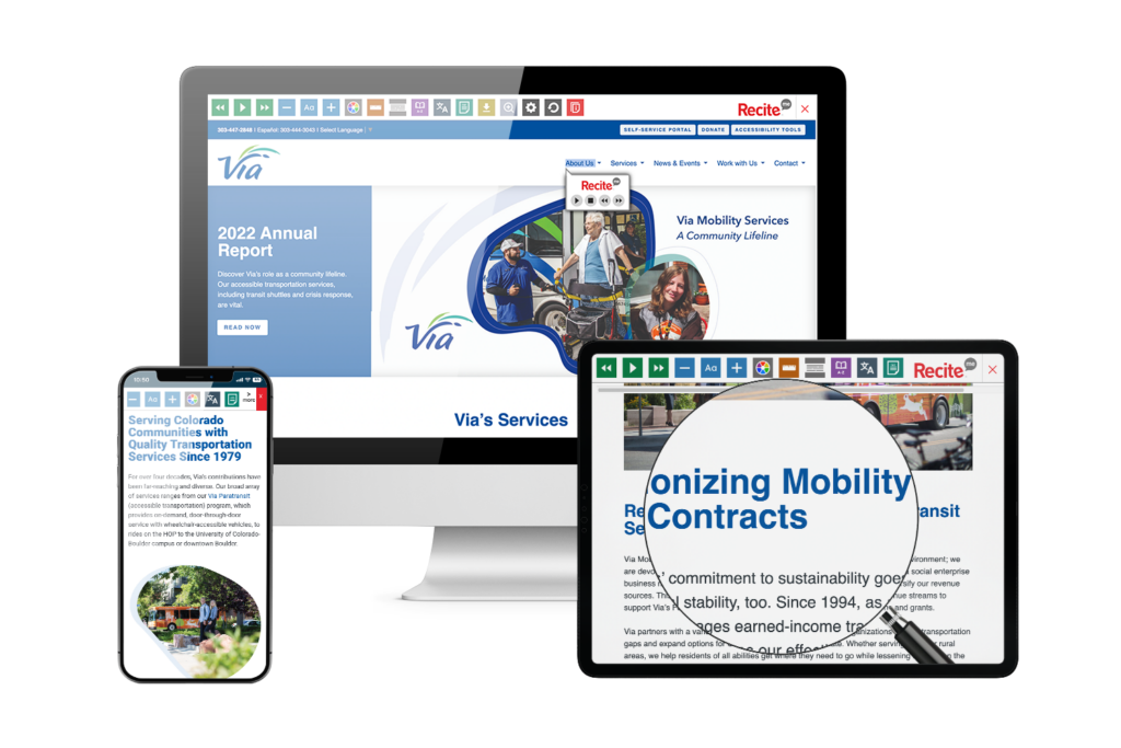 Recite Me being used on a desktop, tablet and mobile phone