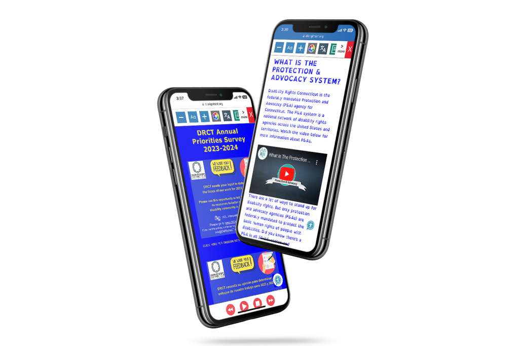 Mobile phones with screenshot of Disability Rights Connecticut website.
