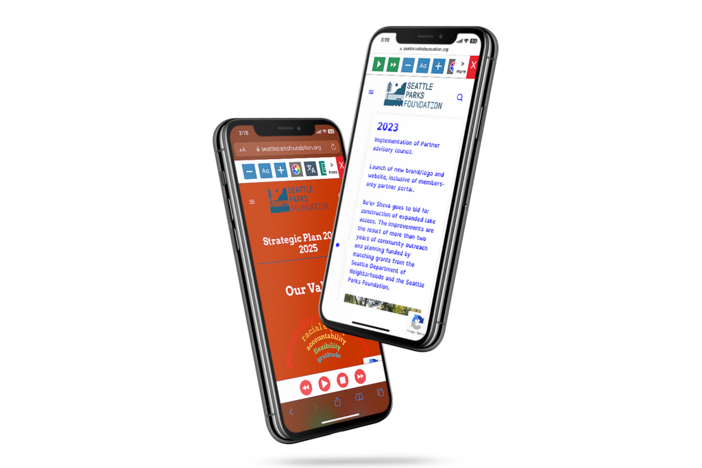 Mobiles with screenshot of Seattle Parks Foundation website.