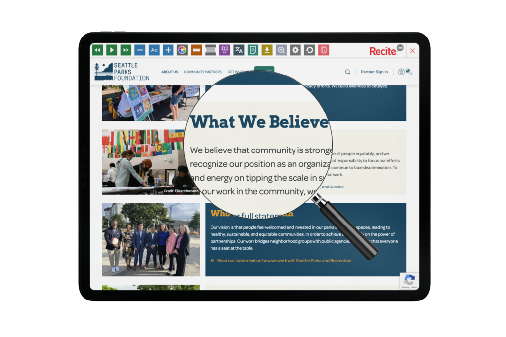 Tablet with screenshot of Seattle Parks Foundation website