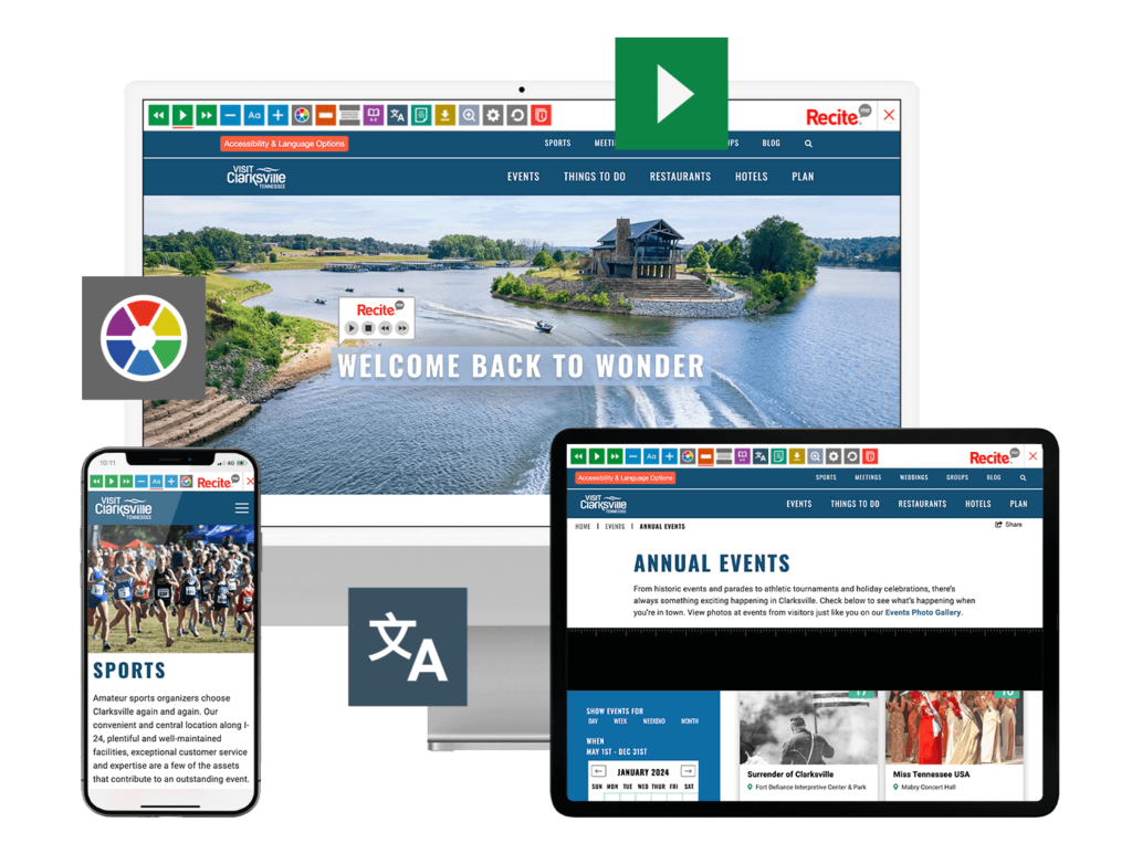 Desktop, tablet, and mobile phone with screenshot of Visit Clarksville website