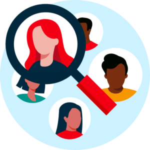 Icons of a 3 woman with a magnifier glass focusing on one of the women