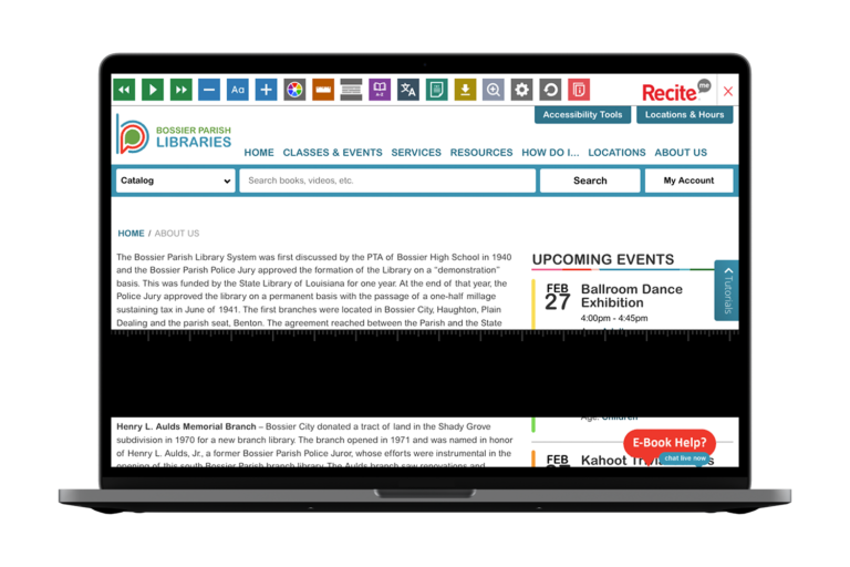 Laptop with screenshot of https://www.bossierlibrary.org/ website