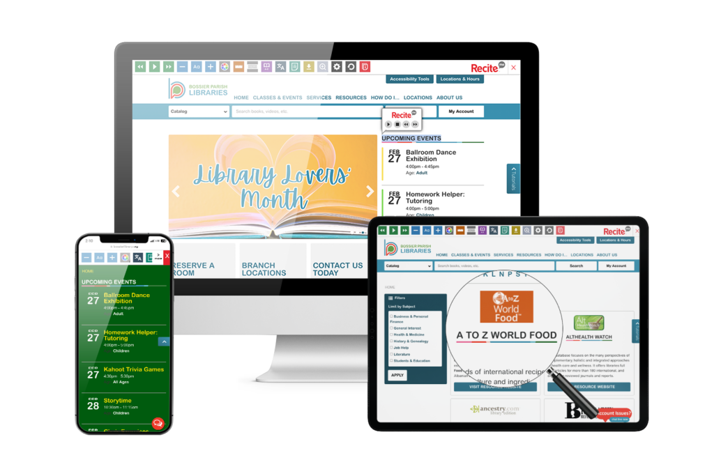 Desktop, tablet and mobile phone with screenshot of https://www.bossierlibrary.org/ website