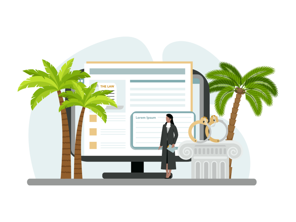 An illustration of a lawyer looking up legal information on a desktop computer