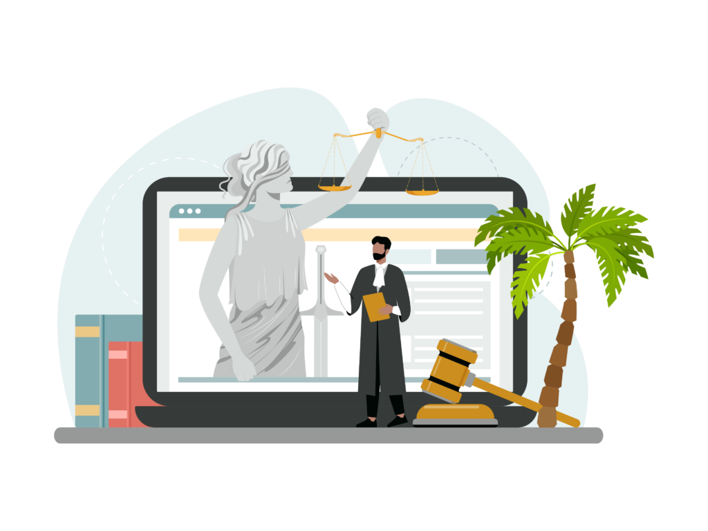 Illustration of the statue of liberty on a laptop computer with a judge and gavel in the foreground