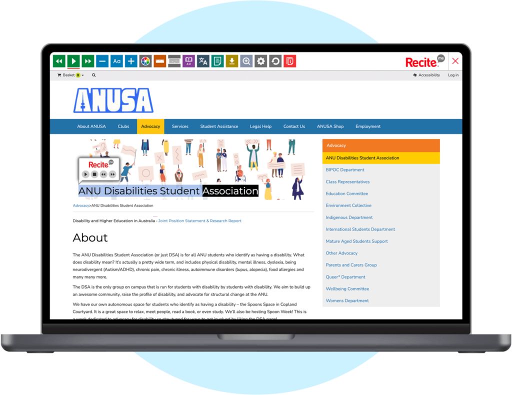 Laptop screen with a screenshot of the Australian National University Students' Association website.
