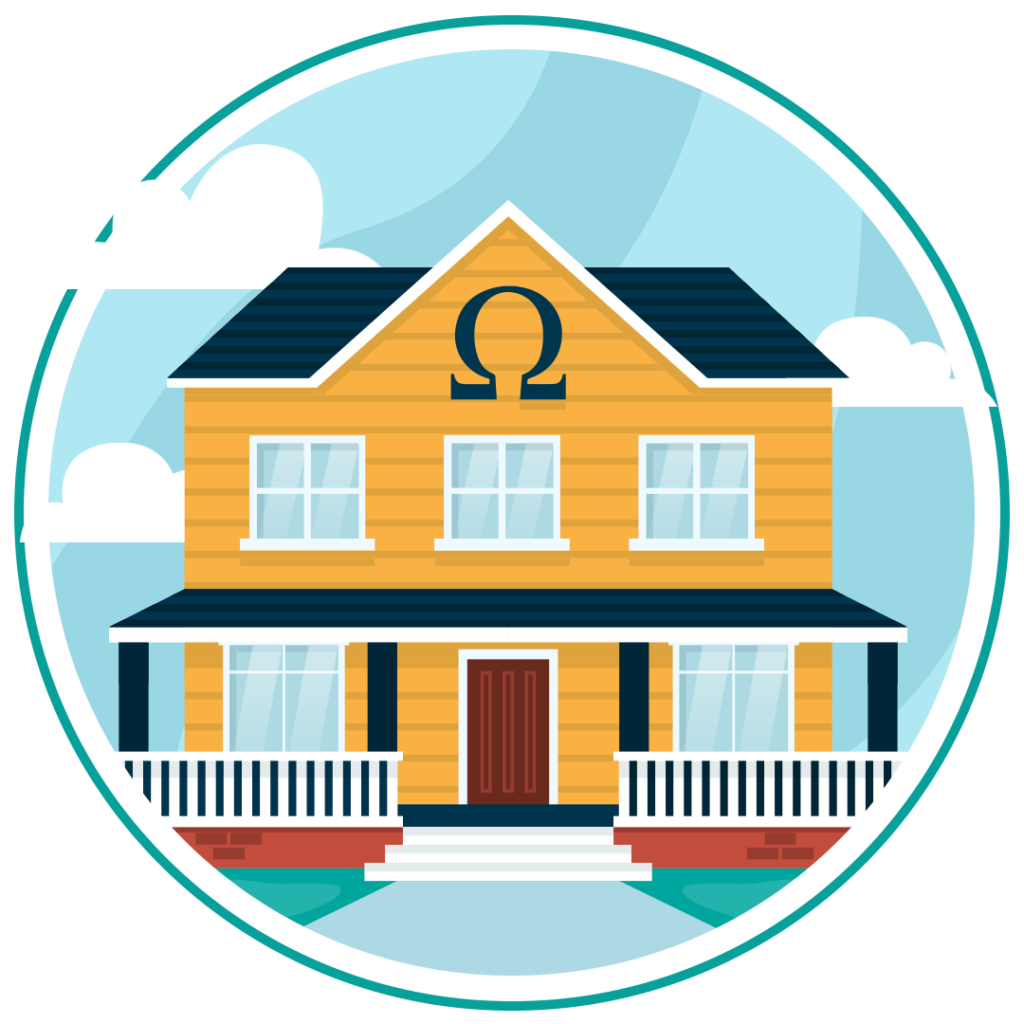 Image of a fraternity house with the fraternity symbol on the front of the house