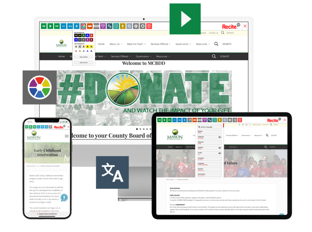Mockup of MCBDD.org shown on a desktop, tablet, and mobile device with the Recite Me Toolbar launched