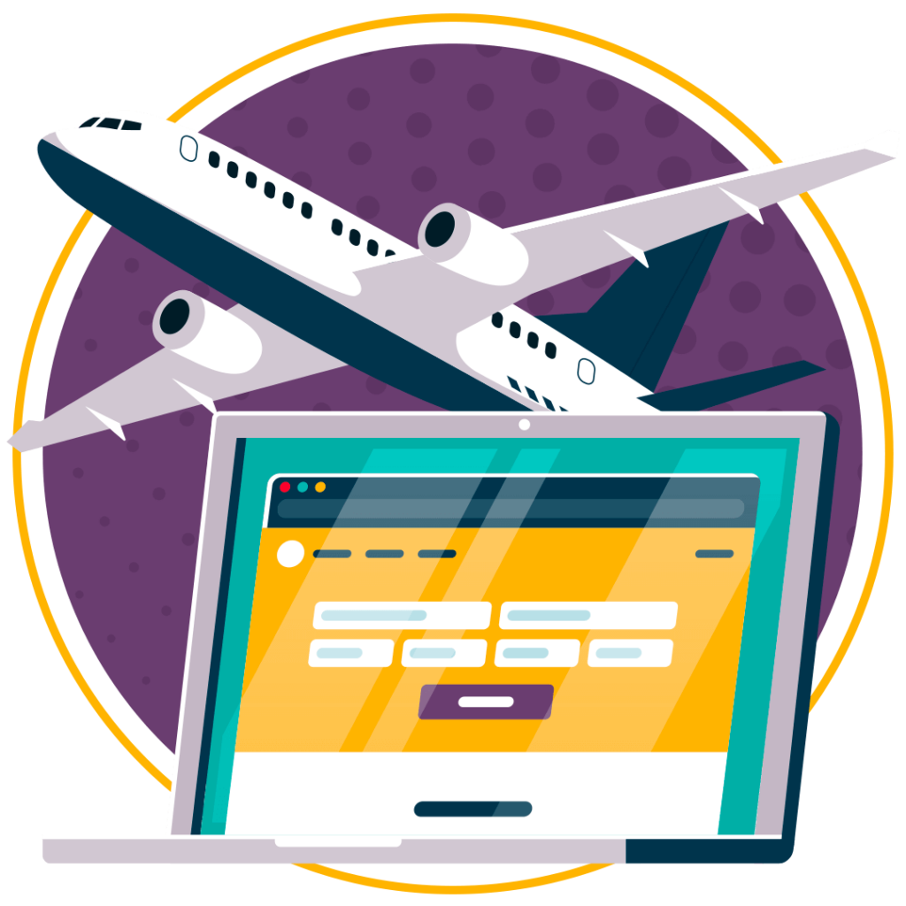 Airport Header Webinar Image - An Illustration of a plane taking off over a laptop with an airport website on screen