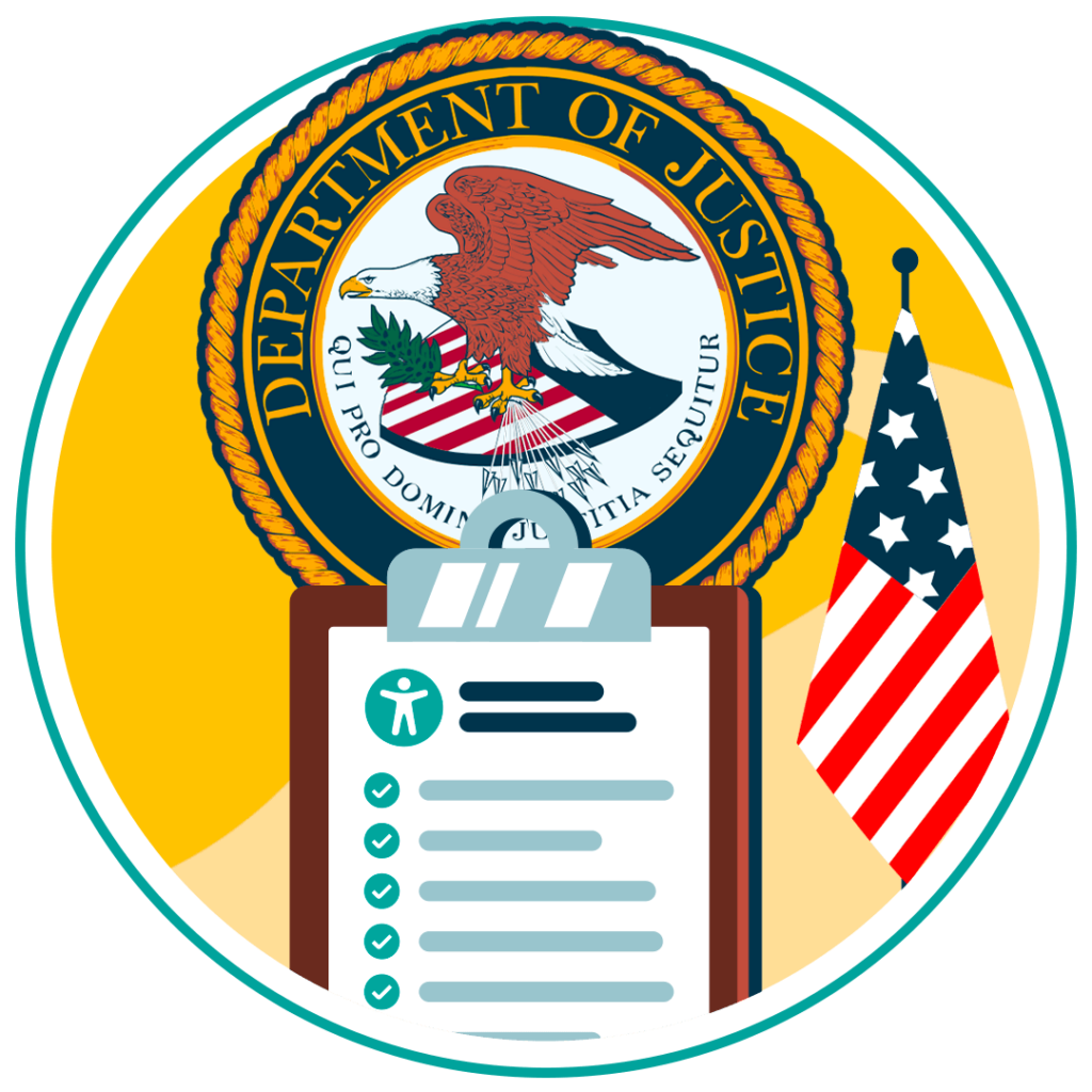 Department of Justice seal with a document and the american flag