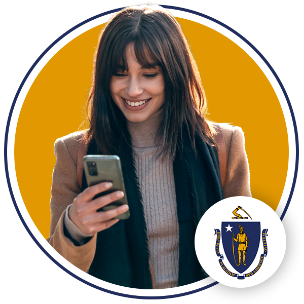 woman smiling at mobile phone