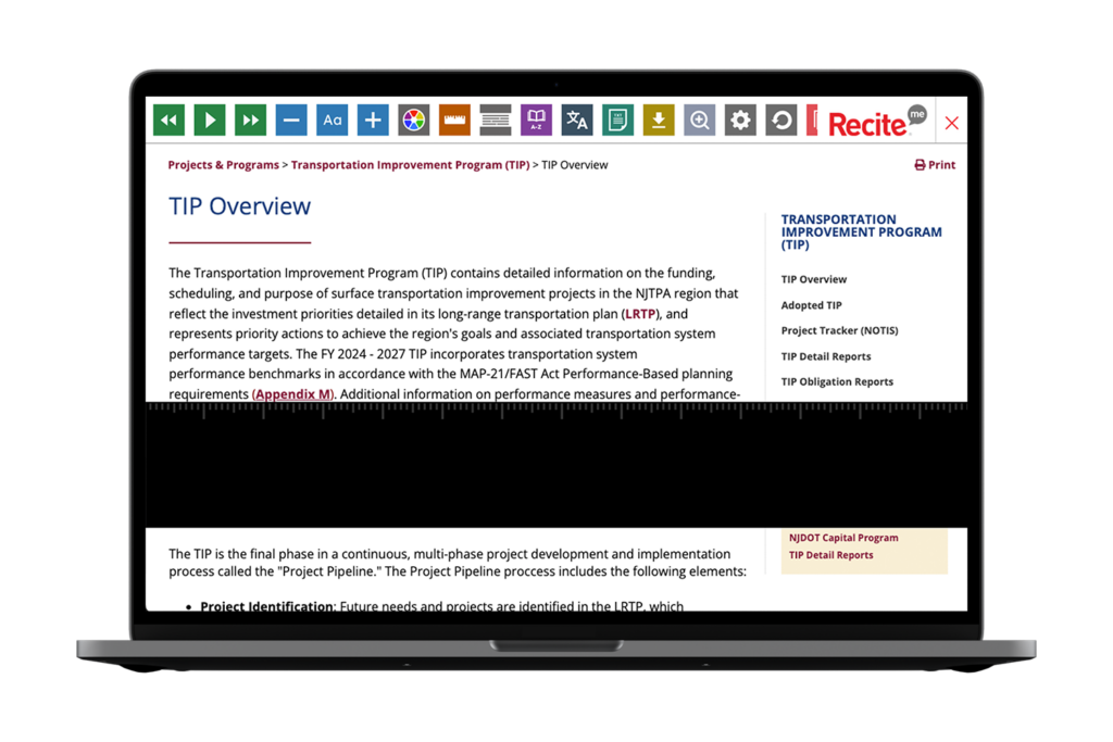 Desktop with screenshot of https://www.njtpa.org/Home.aspx website using the Recite Me toolbar.