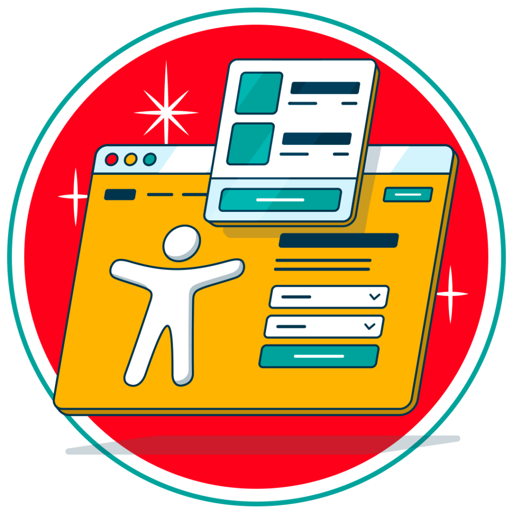Circular graphic with icons representing innovation, accessibility, and design on a festive red background with stars.