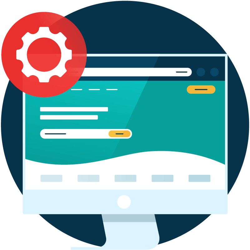 Icon image of laptop with a red mechanic wheel on a dark blue background