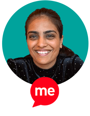 Image of a woman smiling on a teal background with Recite Me logo at the bottom