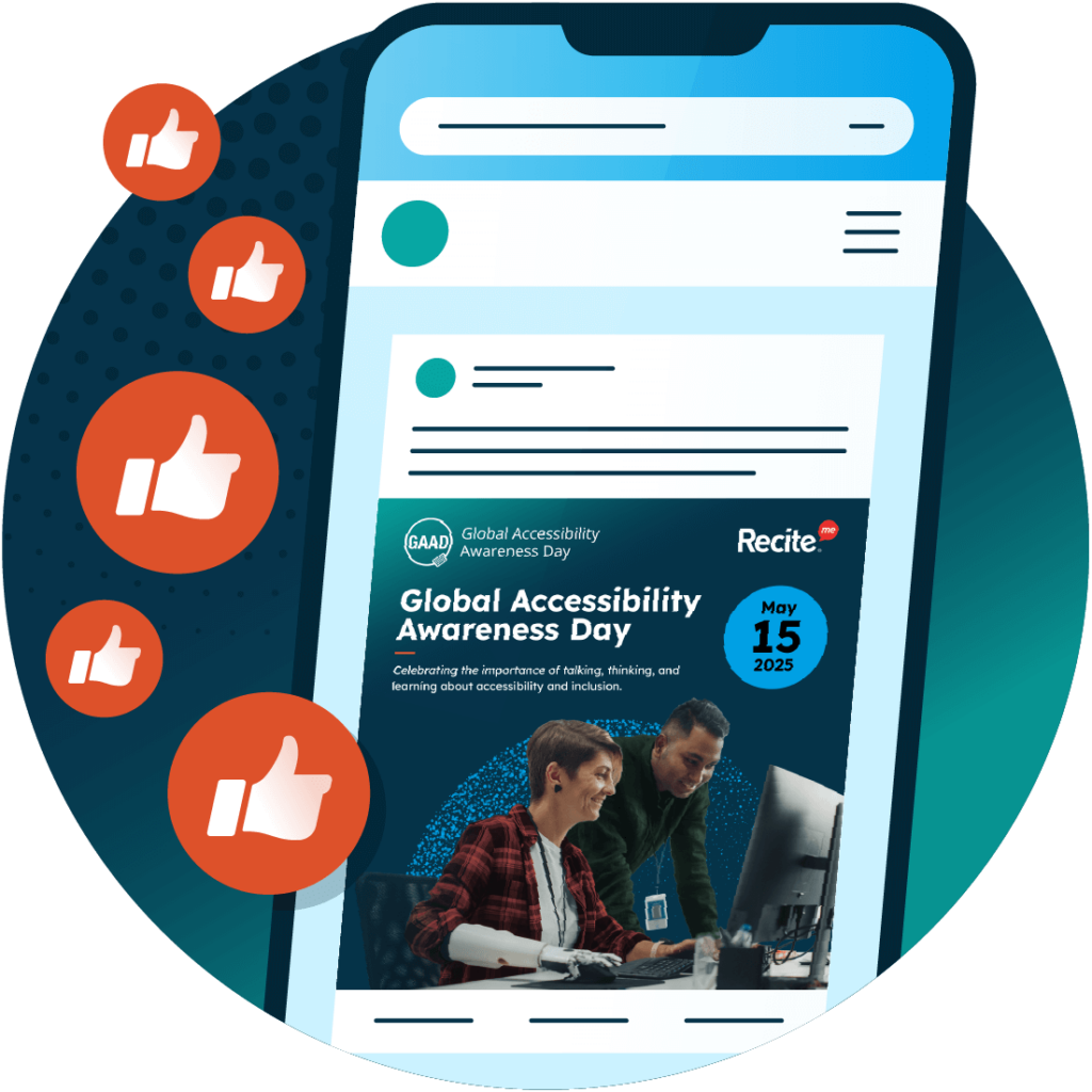 Image of a phone with screenshot of a social media post image for Global Accessibility Awareness Day (GAAD). There are some icons of 'thumb-ups'