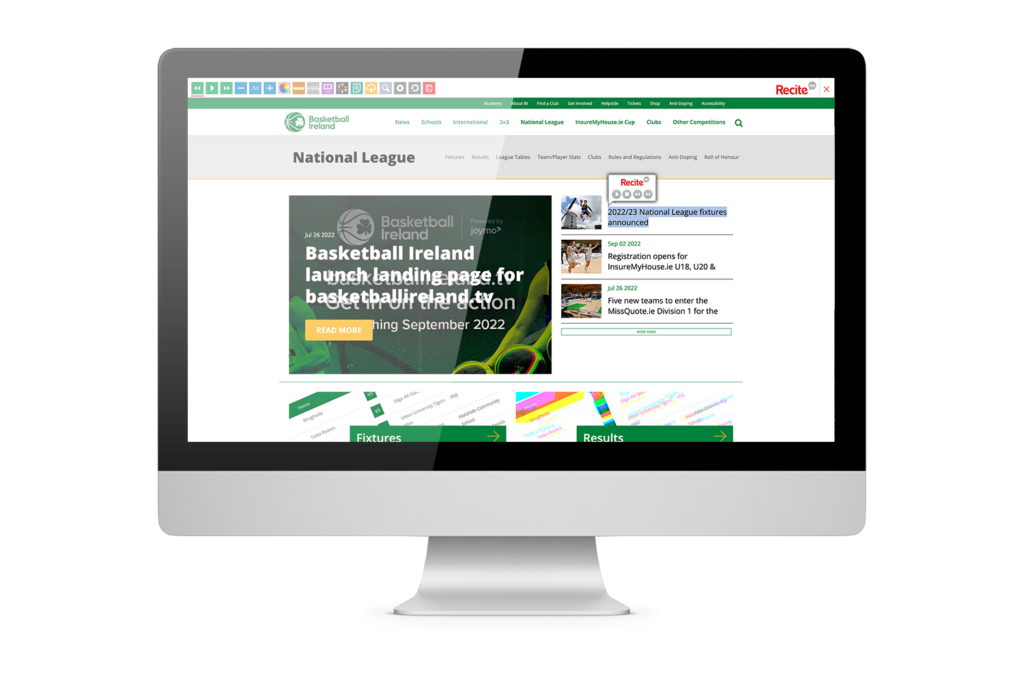 Basketball Ireland website with Recite Me on screen