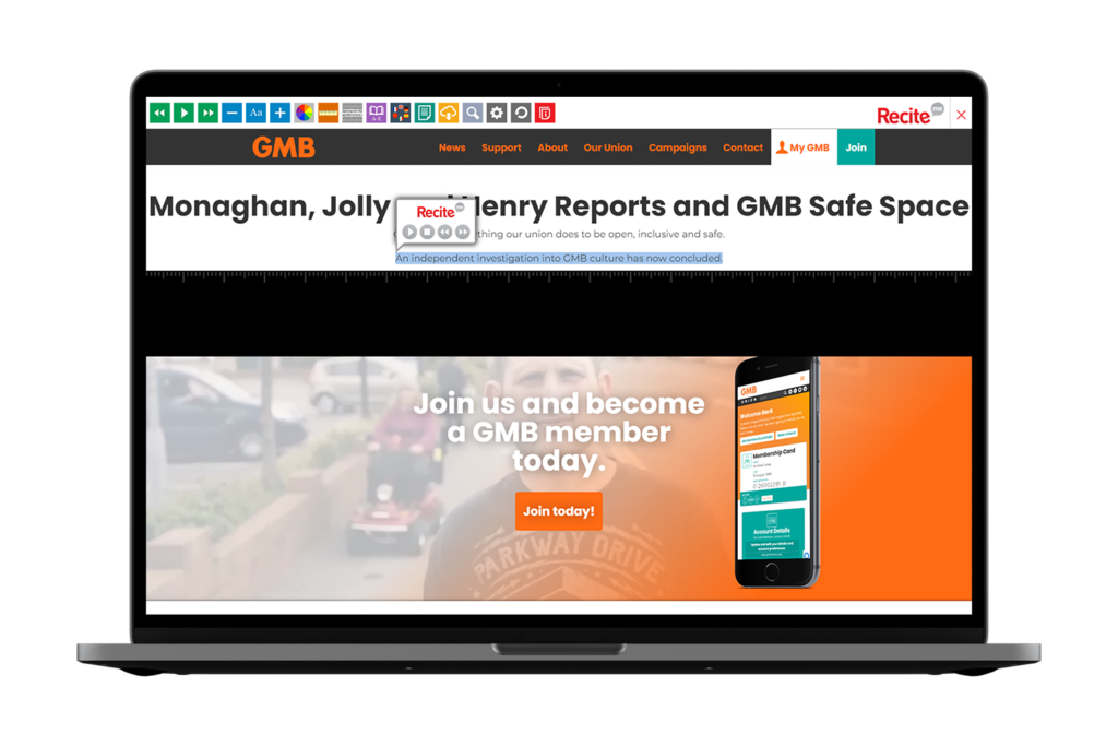 Laptop with GMB website using the Recite Me assistive toolbar
