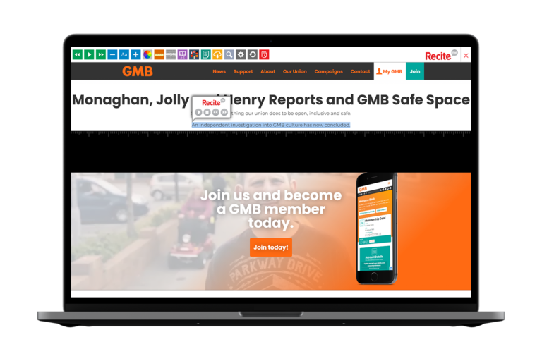 Laptop with GMB website using the Recite Me assistive toolbar