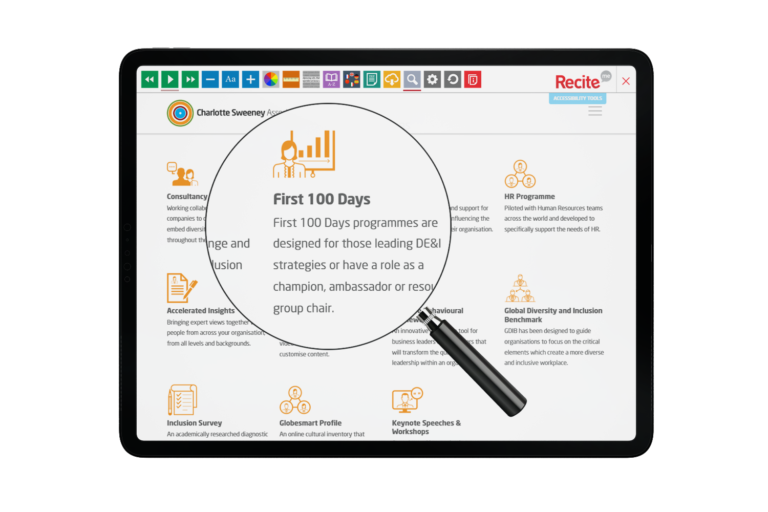 Tablet with Charlotte Sweeney Associates website using the Recite Me assistive toolbar